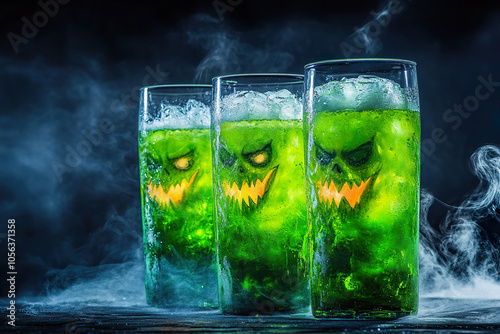 Three glasses filled with green drinks emit fog showcasing menacing faces for Halloween photo