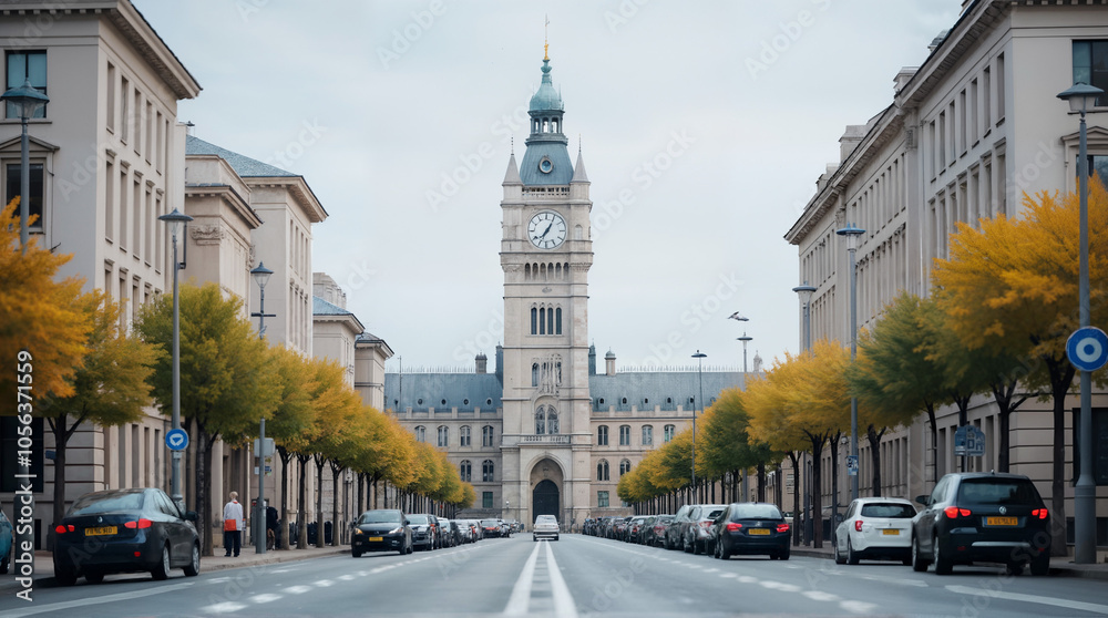 Obraz premium A Stunning Clock Tower Elegantly Standing Against a Bustling Road, Blending Historic Architecture with Urban Life