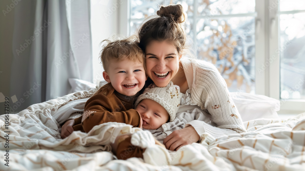Obraz premium A laughing mother cuddles her happy young son and baby on a bed near the window.
