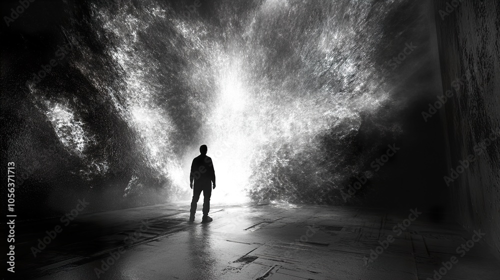 Silhouette of a Person Facing a Bright Light in a Dark Abstract Space Silhouette of a Person Facing a Bright Light in a Dark Abstract Space