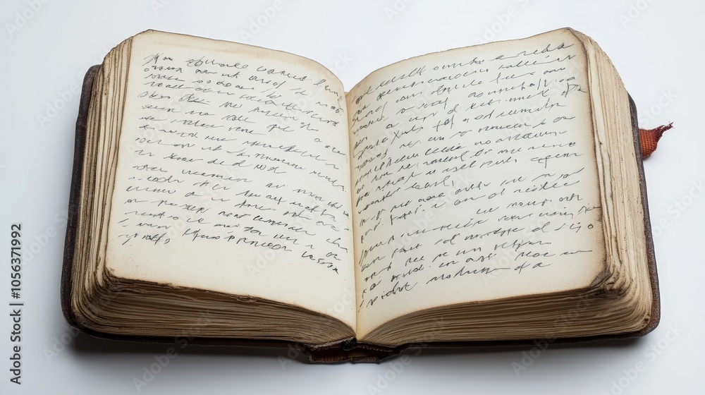 Clean white canvas featuring an open diary page, capturing its neat handwriting and classic book design Clean white canvas featuring an open diary page, capturing its neat handwriting and classic book design