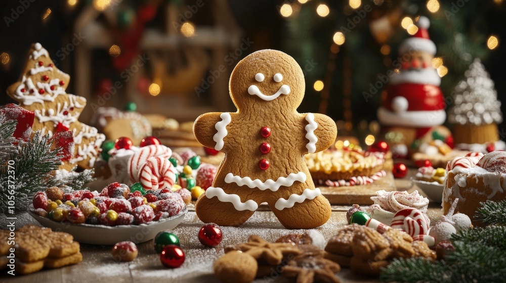Clean white canvas highlighting a fun gingerbread Christmas dessert cartoon, complete with a variety of festive decorations and sweets Clean white canvas highlighting a fun gingerbread Christmas dessert cartoon, complete with a variety of festive decorations and sweets