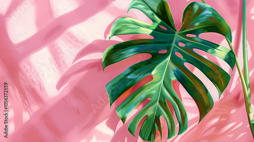 A Monstera leaf against a pink background. photo