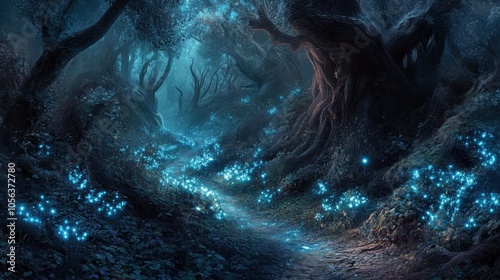 A Mystical Forest Path Illuminated by Bioluminescent Flowers at Night