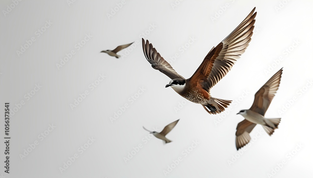 Fototapeta premium Birds are flying in the bright sky.