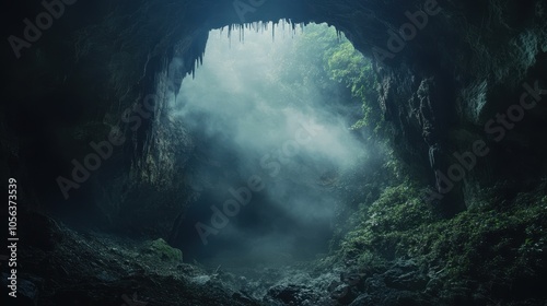 A Misty View Through A Cave Entrance