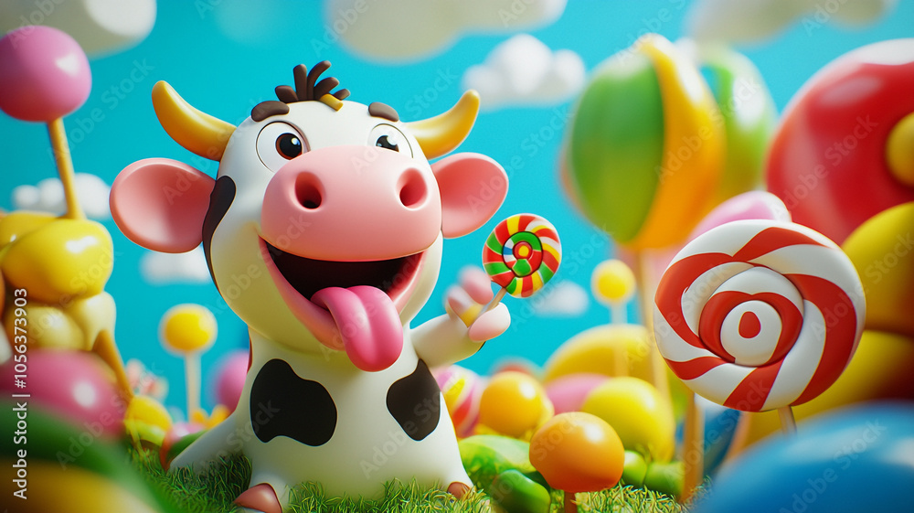 Obraz premium A cheerful cow enjoying a colorful candy land filled with lollipops and sweets under a bright sky