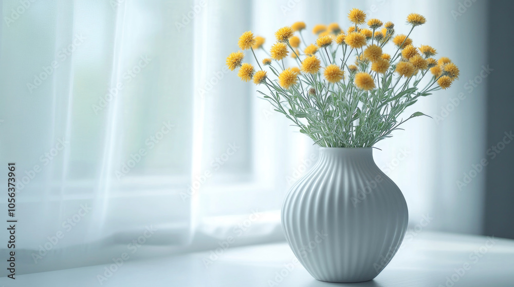 There is a bundle of yellow flowers inserted into the porcelain vase by the wall There is a bundle of yellow flowers inserted into the porcelain vase by the wall