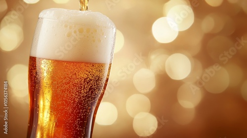 Pouring beer into a glass with a foamy head against a warm, glowing background, ideal for beer ads, pub menus, and beverage promotions. photo