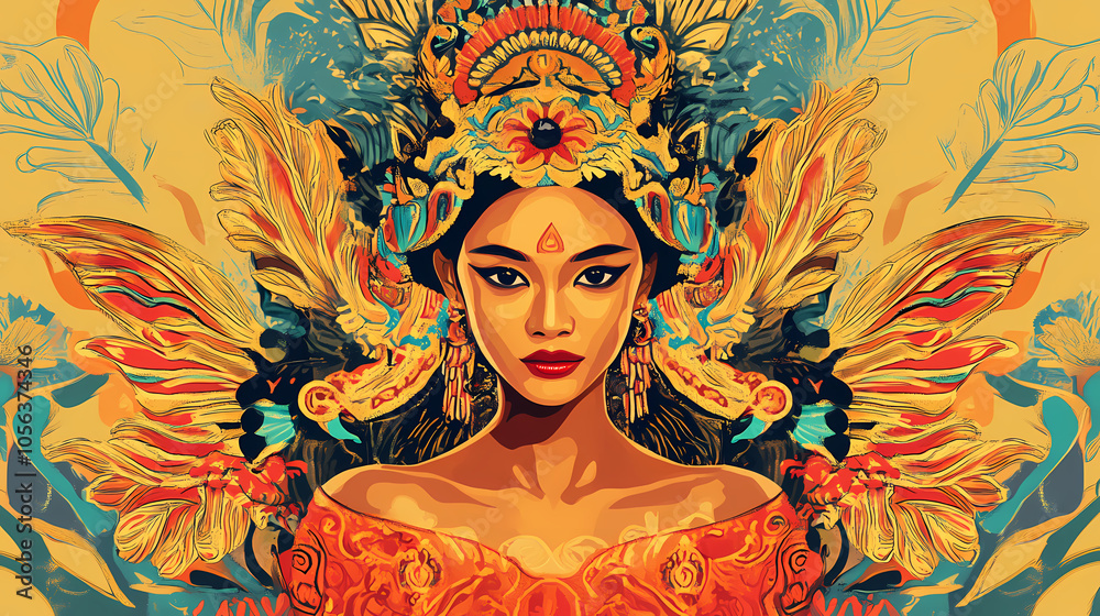 Fototapeta premium Balinese dancer in traditional attire. Traditional Balinese Dance. Illustration