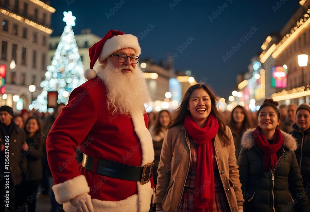Fototapeta premium joyful scene featuring man in Santa costume and women smiling in festive street with Christmas lights and tree. atmosphere is cheerful and celebratory