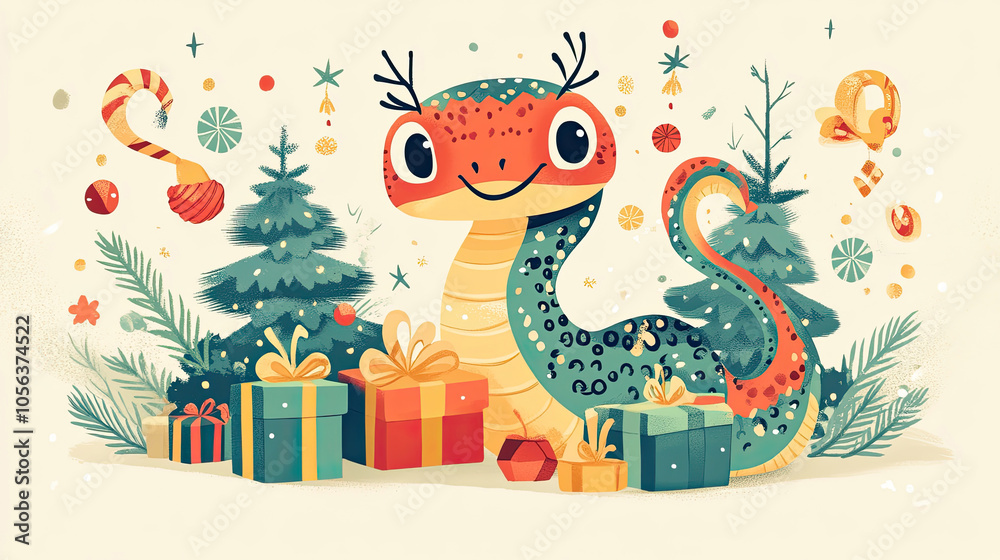 Naklejka premium Green snake, gift box, Chinese New Year