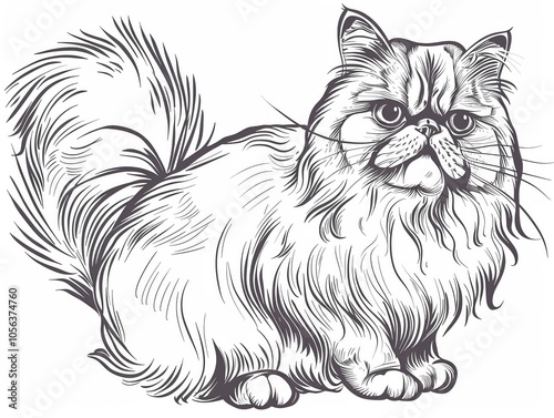 Persian Cat Line Art Illustration Fluffy Pet Drawing Animal Graphic