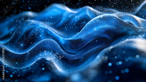 Abstract Blue 3D Background with Wavy Lines and Bokeh Lights