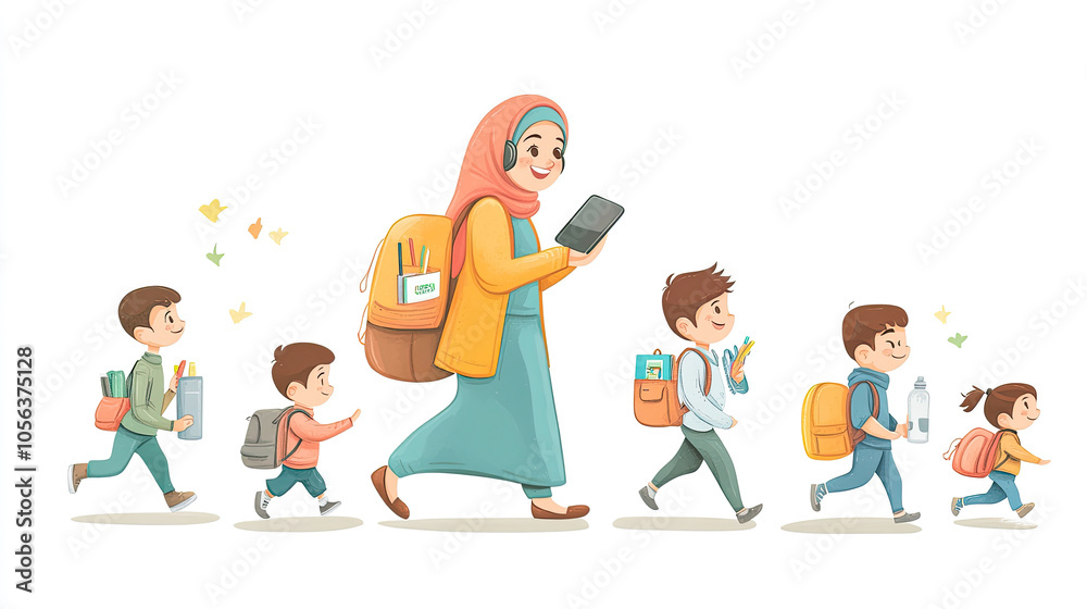 An Arab woman with two children and a suitcase went out An Arab woman with two children and a suitcase went out