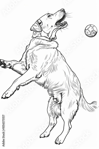 Black and White Line Drawing of a Labrador Retriever Jumping for a Ball photo