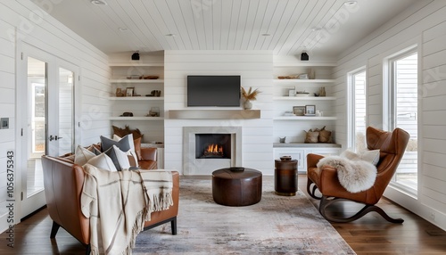Inviting reading nook featuring a plush armchair draped with a fluffy blanket and scattered pillows for ultimate comfort