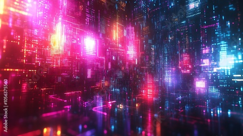 Abstract digital space with glowing neon lines and squares.