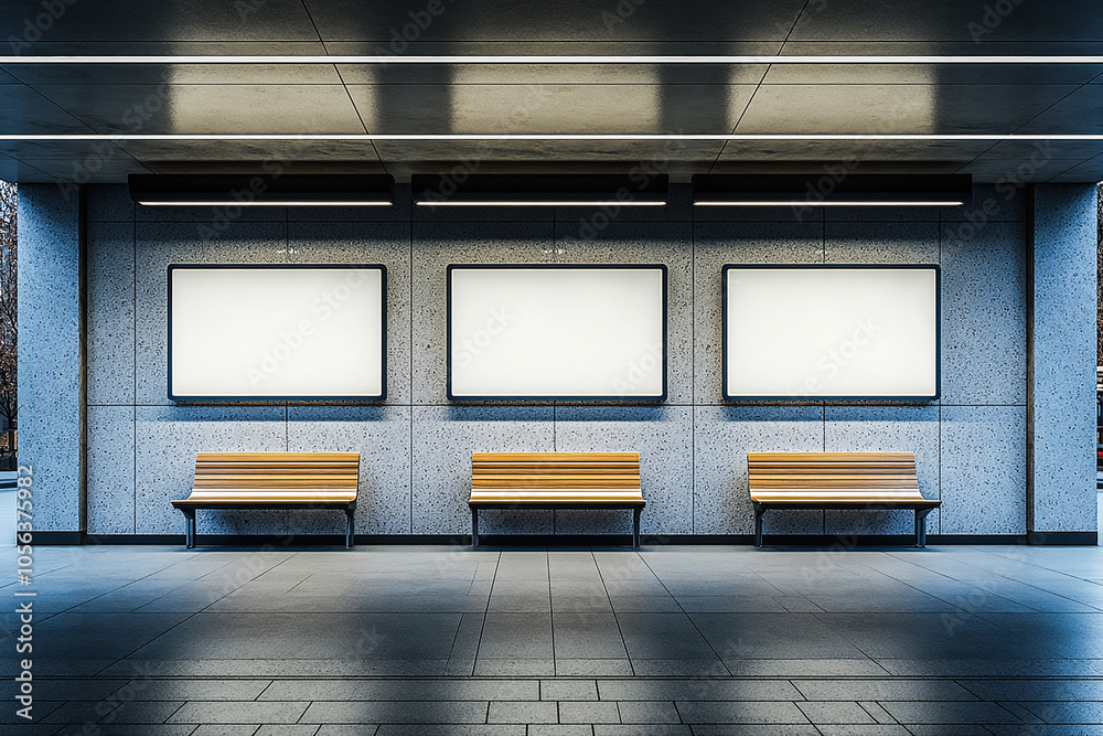 Realistic 3D Mockup of Three Empty Spaces at Bus Station - High-Quality Transportation Background Realistic 3D Mockup of Three Empty Spaces at Bus Station - High-Quality Transportation Background