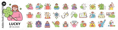 People cheering with lucky items and four-leaf clovers. outline simple vector illustration. mega set.