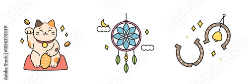 Talismans from each culture. Japanese maneki-neko, Indian dream catcher, horsehair charms. outline simple vector illustration.