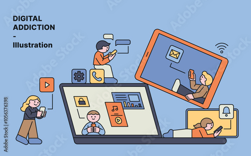 People are addicted to their phones and are only looking at their phones. People around huge digital devices. web banner poster