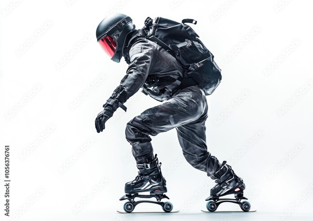 A man in a black suit and helmet is riding a skateboard A man in a black suit and helmet is riding a skateboard