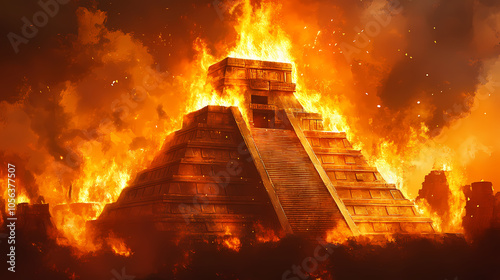 Ancient temple with fire and smoke. Mayan Sun Temple. Illustration photo