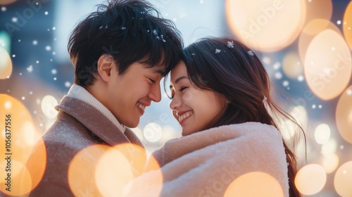 A joyful couple embraces each other warmly in a winter setting filled with softly falling snow and beautiful bokeh lights.