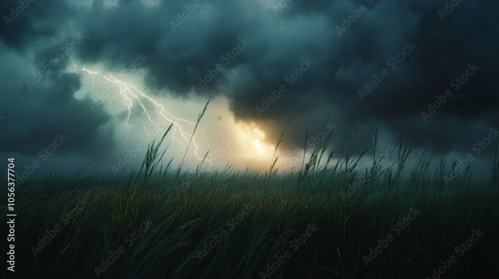 Dark stormy sky with lightning over a field of tall grass generative ai Dark stormy sky with lightning over a field of tall grass generative ai