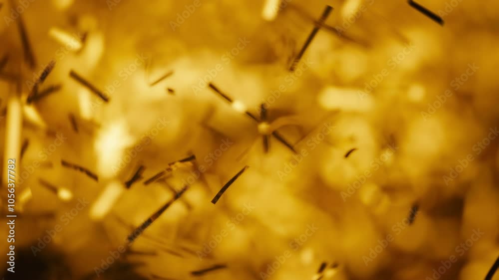 Golden confetti particles burst in slow motion, flying in the air. Golden confetti particles burst in slow motion, flying in the air.