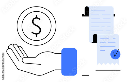 Hand holding a dollar coin alongside a transaction receipt indicating paid status Ideal for, finance business accounting transactions payment processing bookkeeping vector minimalistic blue black