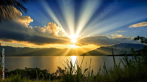 A beautiful sunrise over a lake with mountains in the background