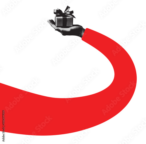 A hand holding a birthday or christmas present. Grunge halftone grain design element