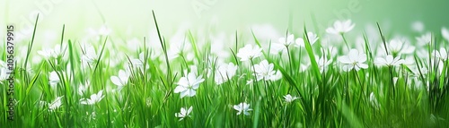 A serene field of white flowers amidst vibrant green grass, evoking tranquility and nature's beauty.