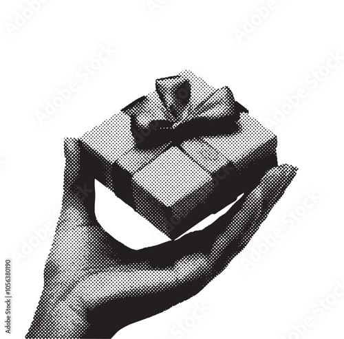 A hand holding a birthday or christmas present. Grunge halftone grain design element
