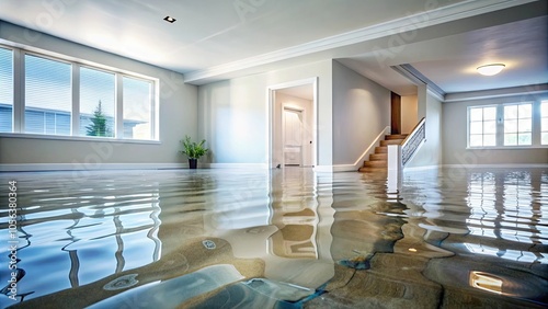 Home floor flooded with water, showing water damage, flooded, water damage, submerged, home interior