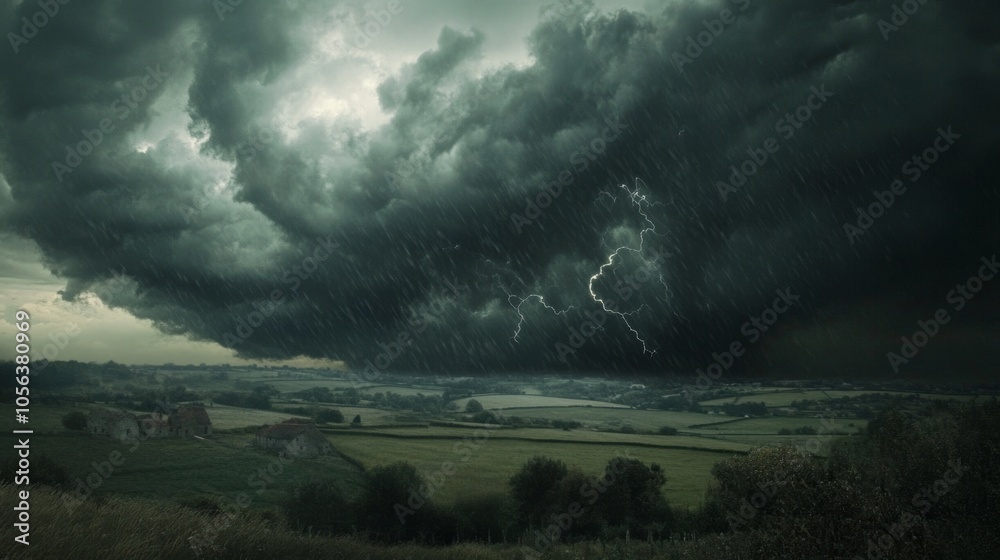 Dark clouds swirling over a rural landscape, with distant thunder and lightning generative ai Dark clouds swirling over a rural landscape, with distant thunder and lightning generative ai