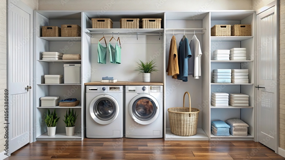 Laundry stored neatly in a closet , organization, clean, clothes, household, storage, folded, hanging, domestic, housework