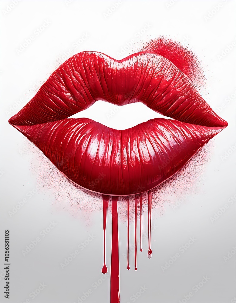 Red glossy lips with blood on white background. Close-up. Red glossy lips with blood on white background. Close-up.