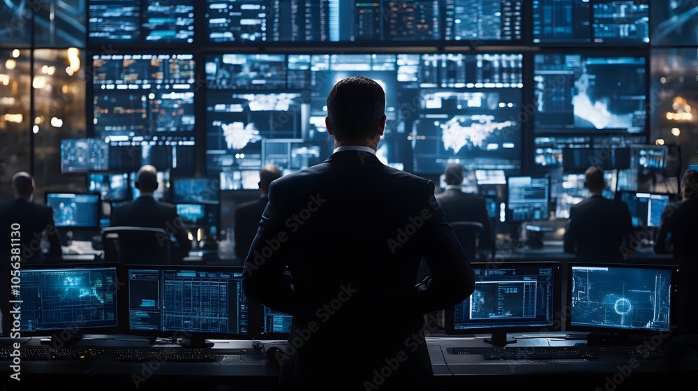 Supervisor Holds Briefing for His Employees in System Control Center Full of Monitors and Servers. Possibly Government Agency Conducts Investigation.