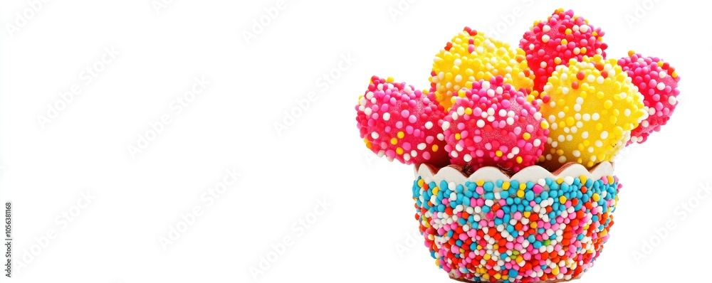 A colorful bowl filled with cake pops coated in vibrant sprinkles. A colorful bowl filled with cake pops coated in vibrant sprinkles.
