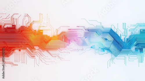 A dynamic, abstract design featuring colorful lines and circuits, representing technology, connectivity, and innovation.