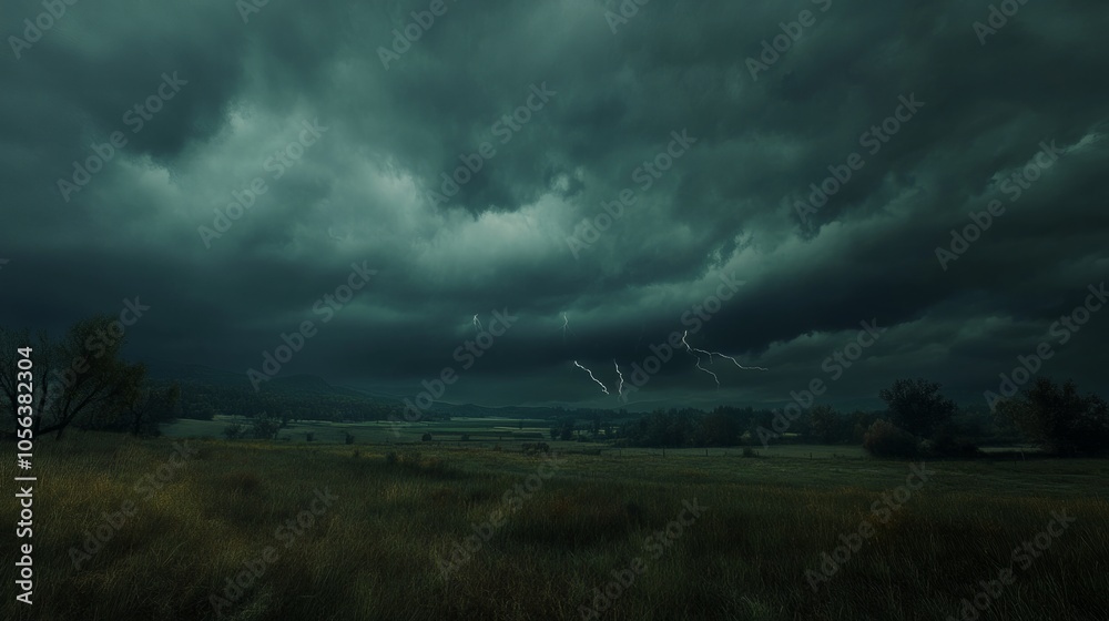 Dark clouds swirling over a rural landscape, with distant thunder and lightning generative ai Dark clouds swirling over a rural landscape, with distant thunder and lightning generative ai