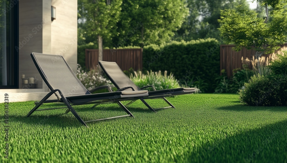 Relaxing sitting chairs in the green grass yard of the house Relaxing sitting chairs in the green grass yard of the house