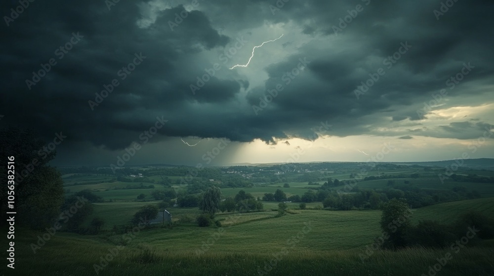 Fototapeta premium Dark clouds swirling over a rural landscape, with distant thunder and lightning generative ai