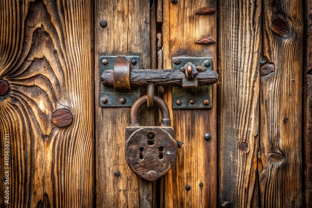A timeless testament to history, a rustic wooden door with an aged lock. A timeless testament to history, a rustic wooden door with an aged lock.