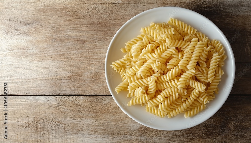 Pasta for lunch on white plate and brown wooden table