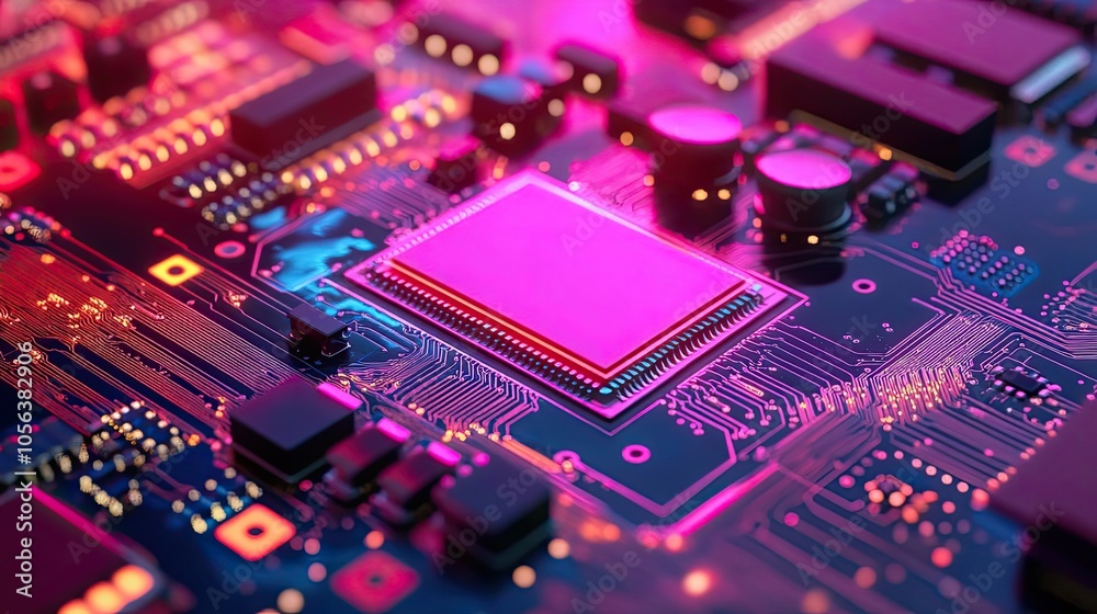 Close-up of a Pink-Lit Computer Chip on a Circuit Board Close-up of a Pink-Lit Computer Chip on a Circuit Board