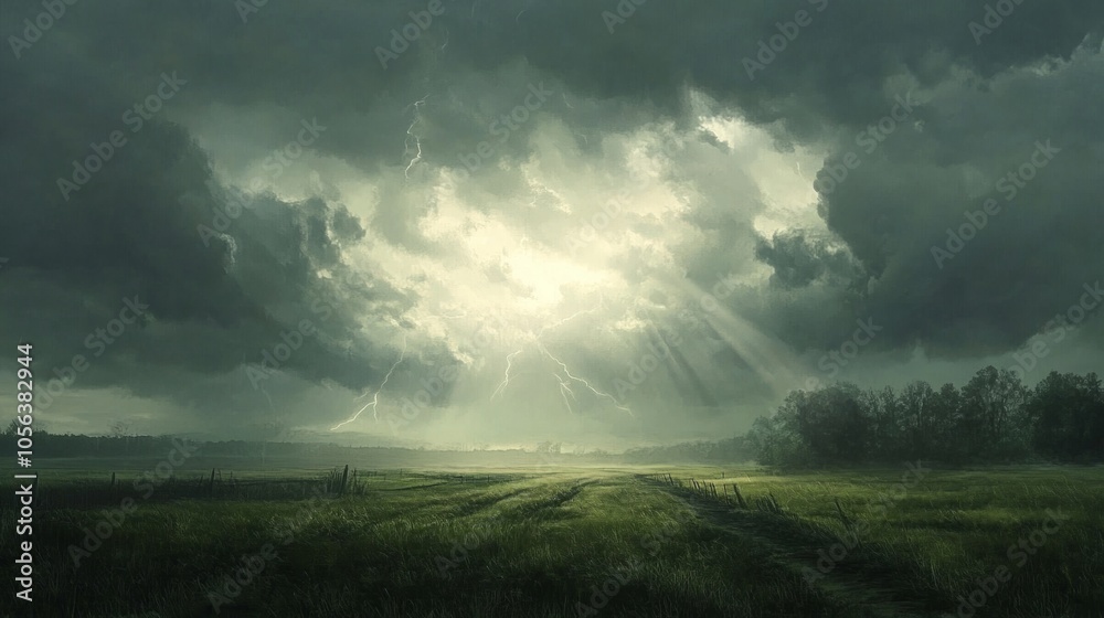 Dark clouds swirling over a rural landscape, with distant thunder and lightning generative ai Dark clouds swirling over a rural landscape, with distant thunder and lightning generative ai